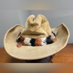 Vintage Longhorn Cowboy Hat W/ Feather Band Size M 7/7.5 Tan Western Rodeo